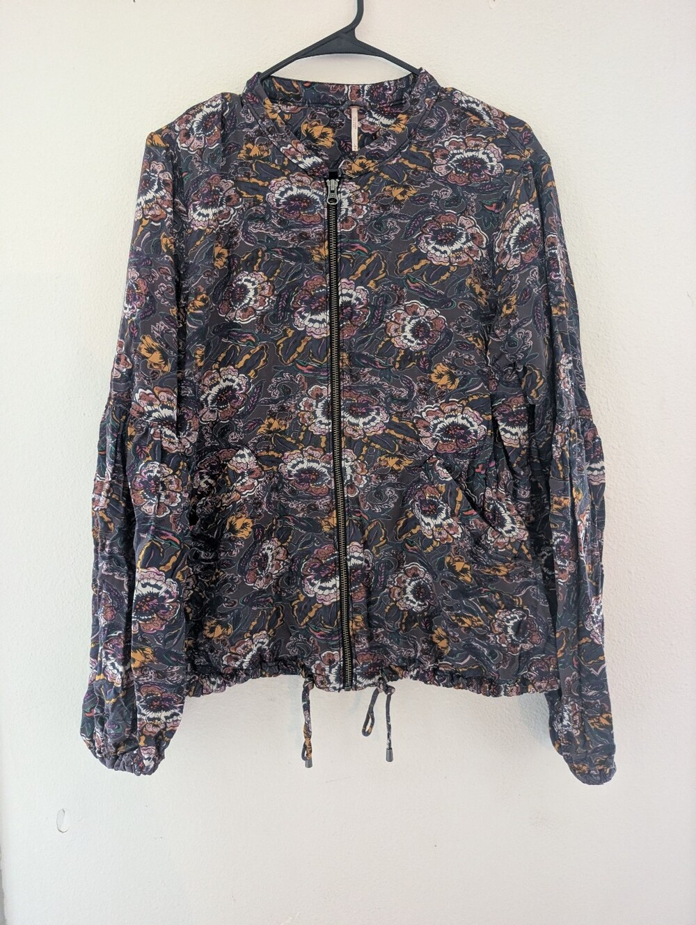 Free People Floral Bomber Jacket in Gray with Mustard & Mauve Accents